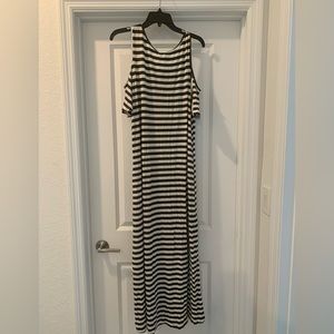 Espresso Gray and White Striped Short Sleeve Cold Shoulder Dress